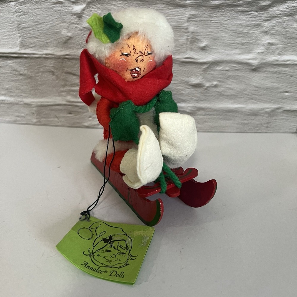 Vintage Annalee Mobilitee Doll Elf On Sled Closed Eyes Christmas With Tag USA